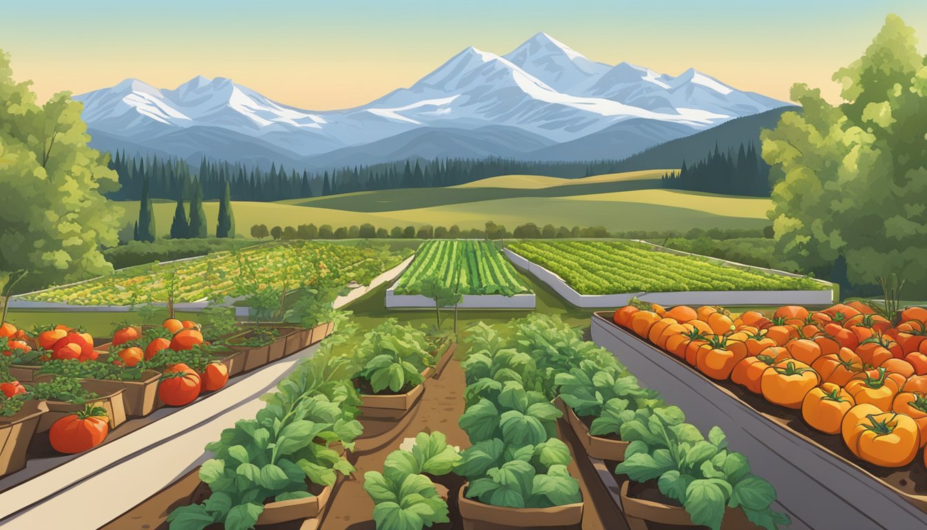 A sunny Idaho garden with rows of thriving vegetables including tomatoes, potatoes, carrots, and bell peppers. The mountains loom in the background