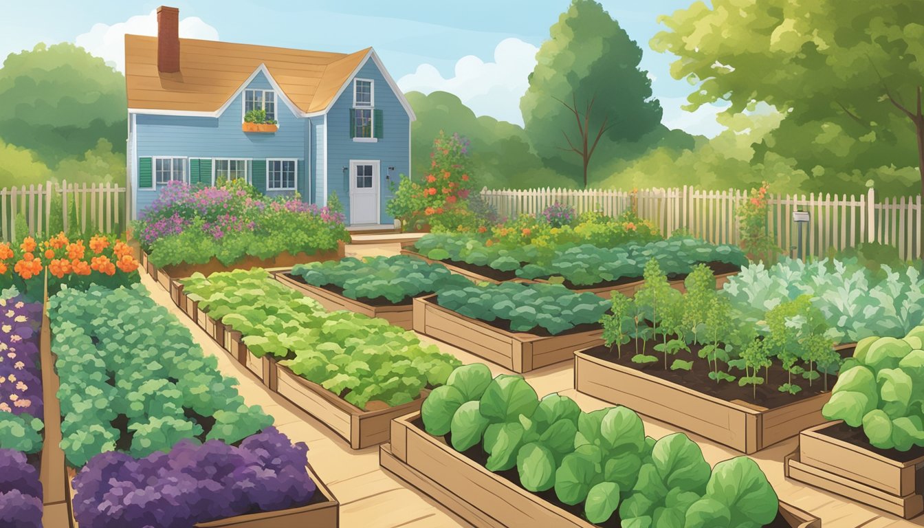 A sunny Connecticut garden with rows of thriving vegetable plants, surrounded by gardening tools and resources