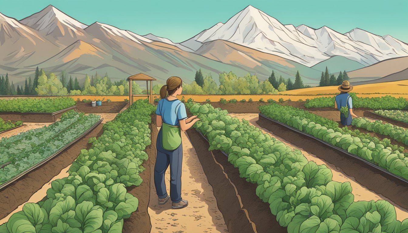 A person is tending to a vegetable garden in Idaho, surrounded by rows of thriving plants and a backdrop of mountains