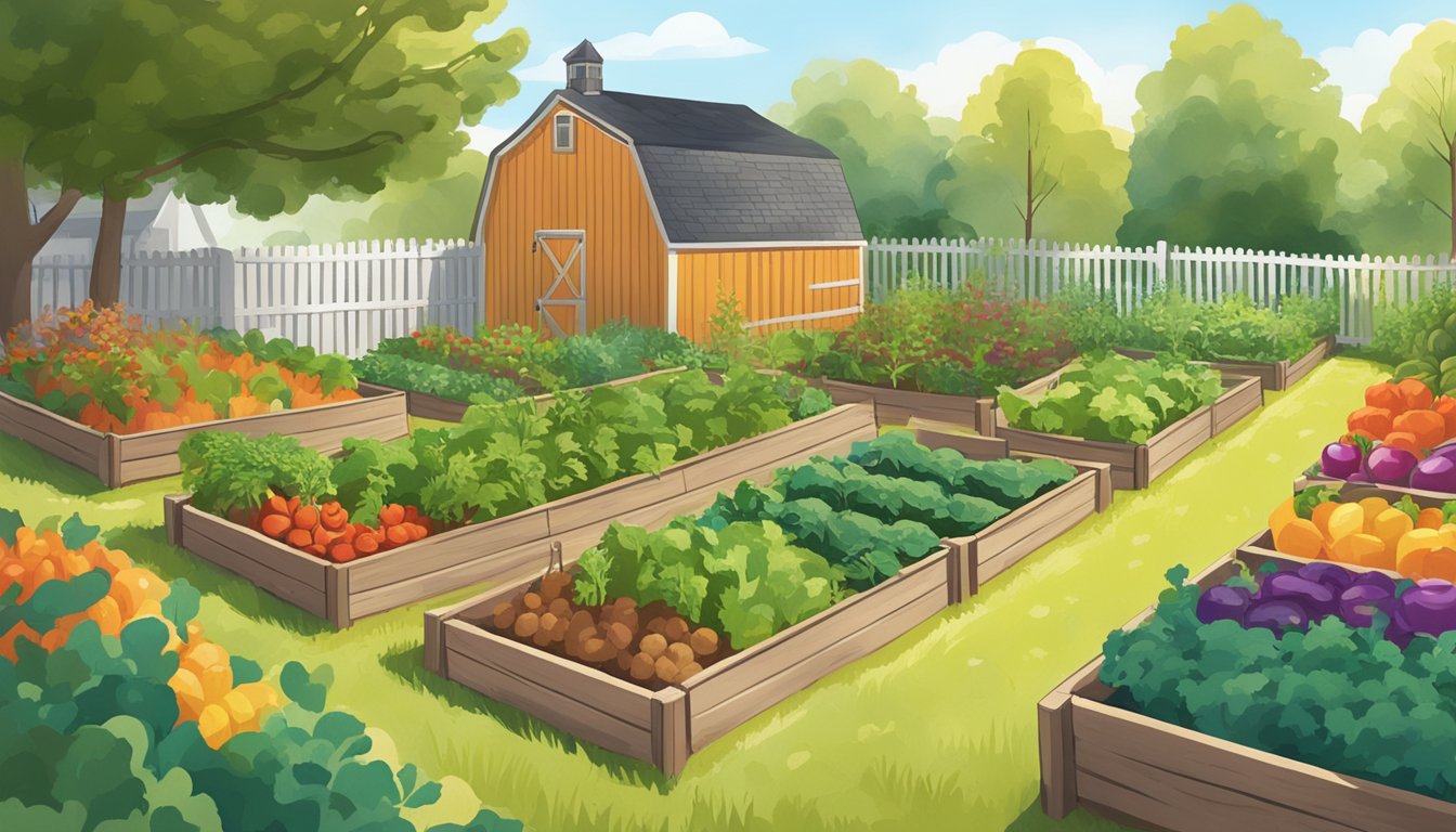 A sunny Massachusetts backyard with raised garden beds filled with rows of colorful vegetables, surrounded by a rustic wooden fence and a small shed in the background