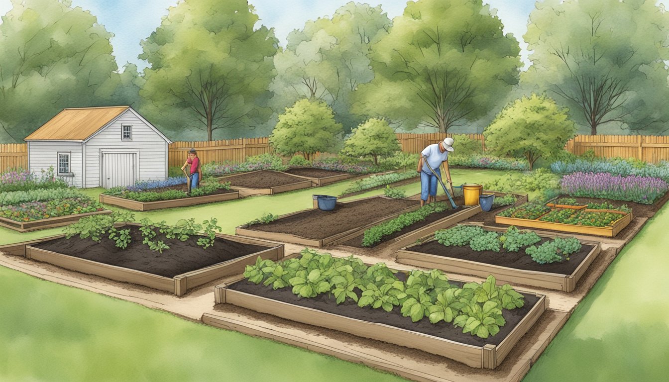 Rich soil being tilled and amended with compost, surrounded by raised beds and mulched pathways in a Massachusetts vegetable garden