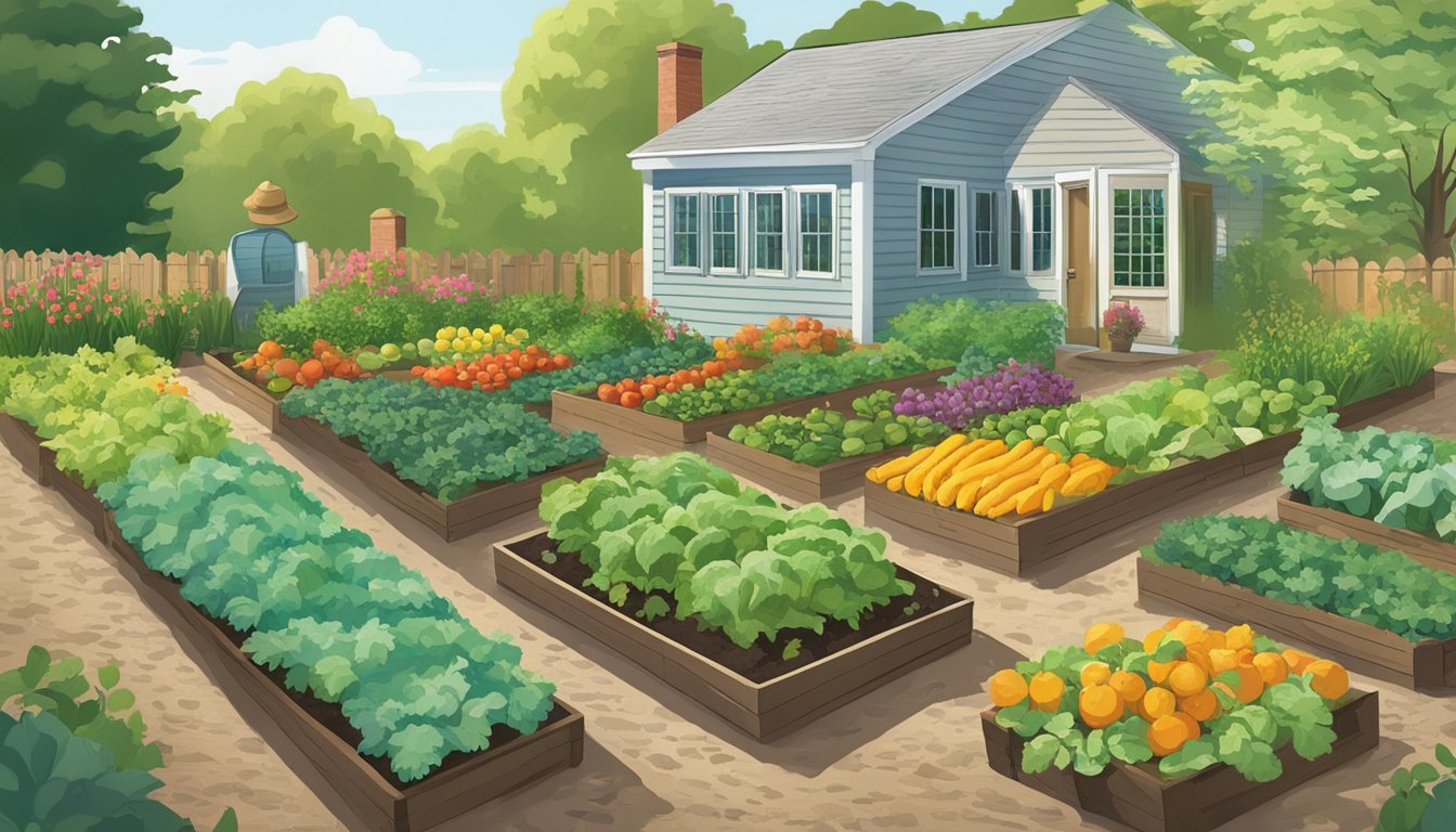 A sunny Massachusetts garden with rows of thriving vegetables, carefully spaced and mulched for optimal growth. A gardener's tools and seed packets are neatly arranged nearby