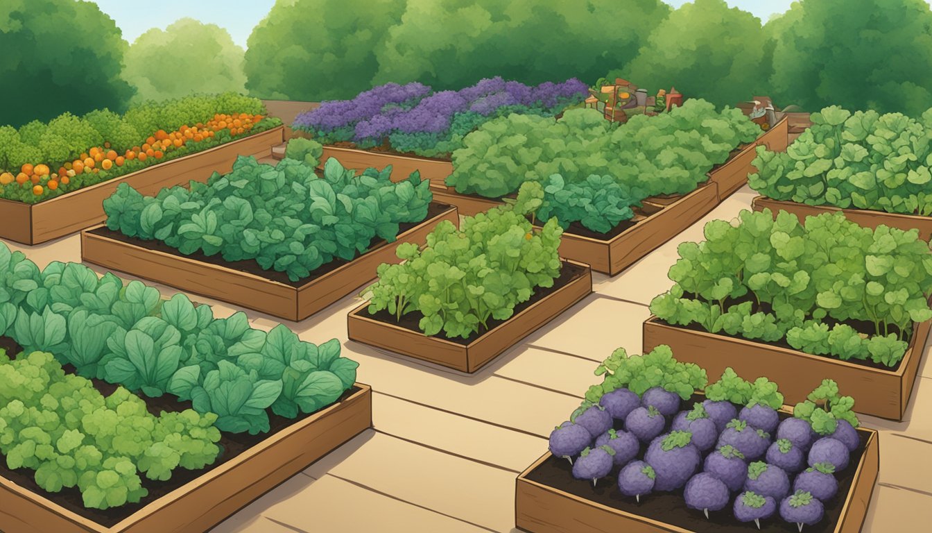 A garden in Massachusetts with rows of thriving vegetables, surrounded by well-maintained soil, tools, and watering cans