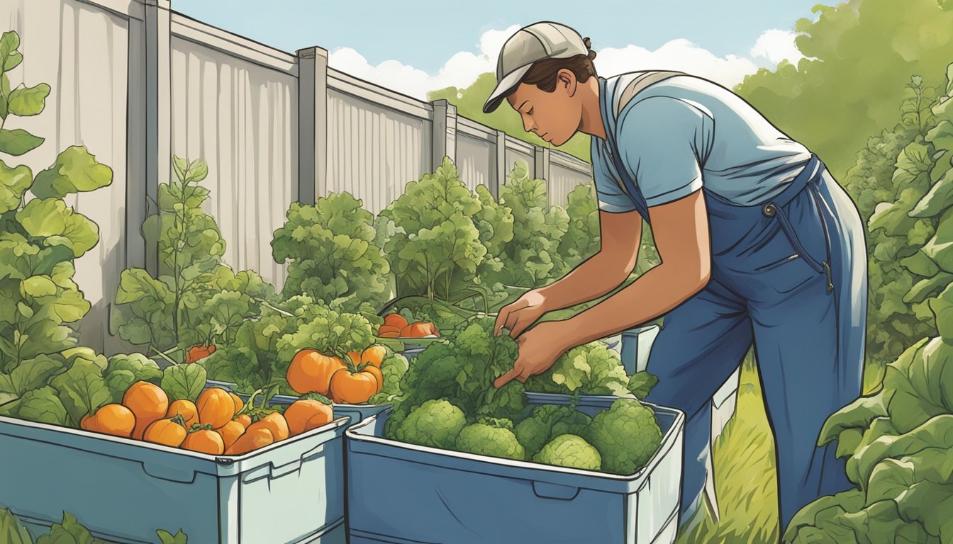 A person harvesting vegetables in an Iowa garden, placing them in storage containers