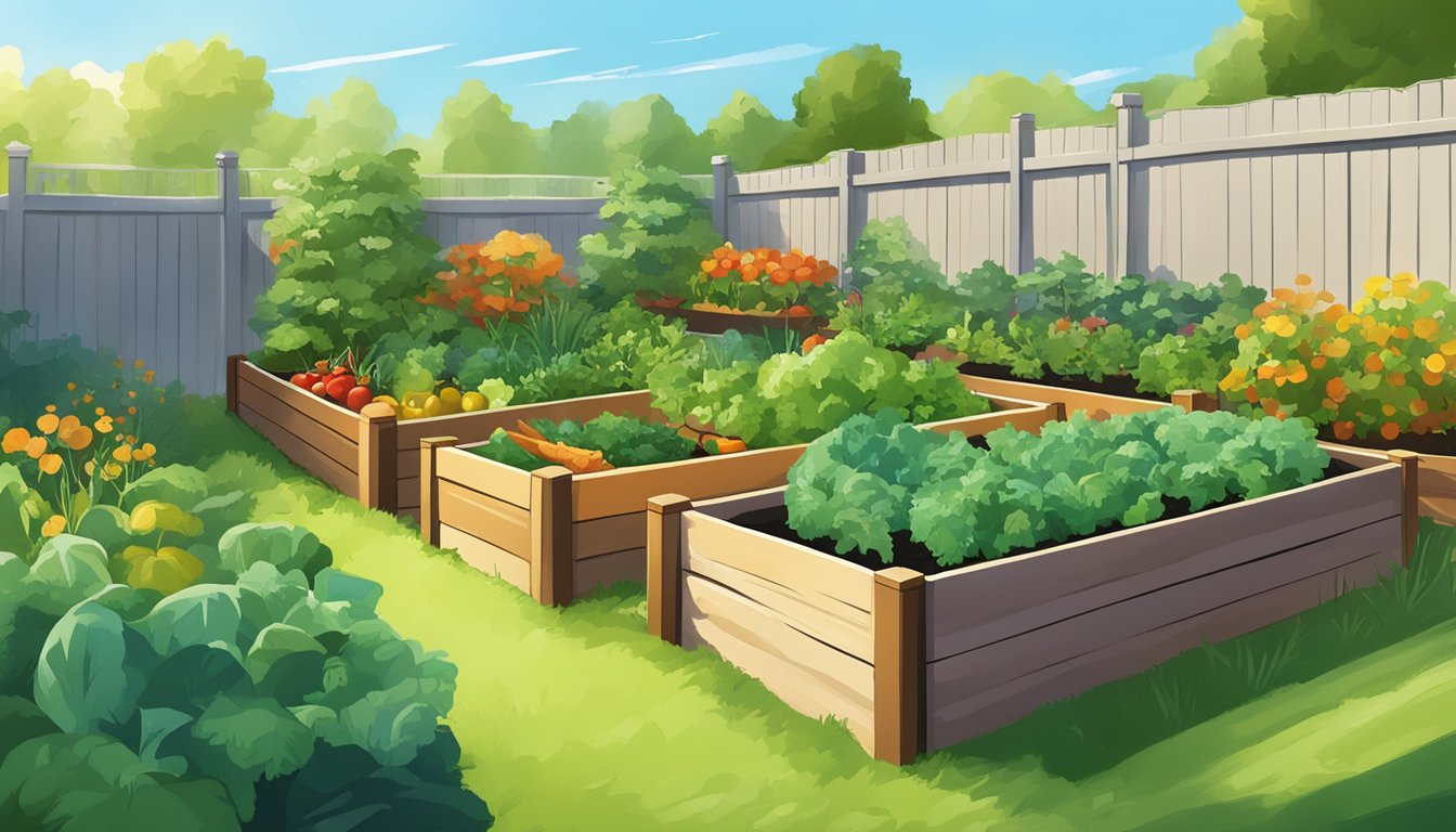 A sunny backyard with raised garden beds filled with colorful vegetables, surrounded by lush green foliage and a clear blue sky overhead