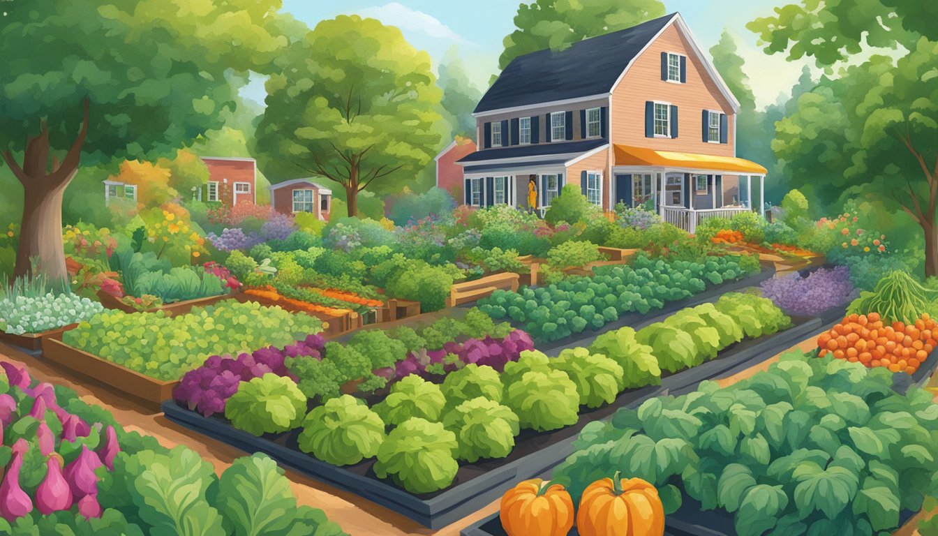 A lush garden in Massachusetts with overflowing beds of colorful vegetables being harvested and enjoyed by the gardener