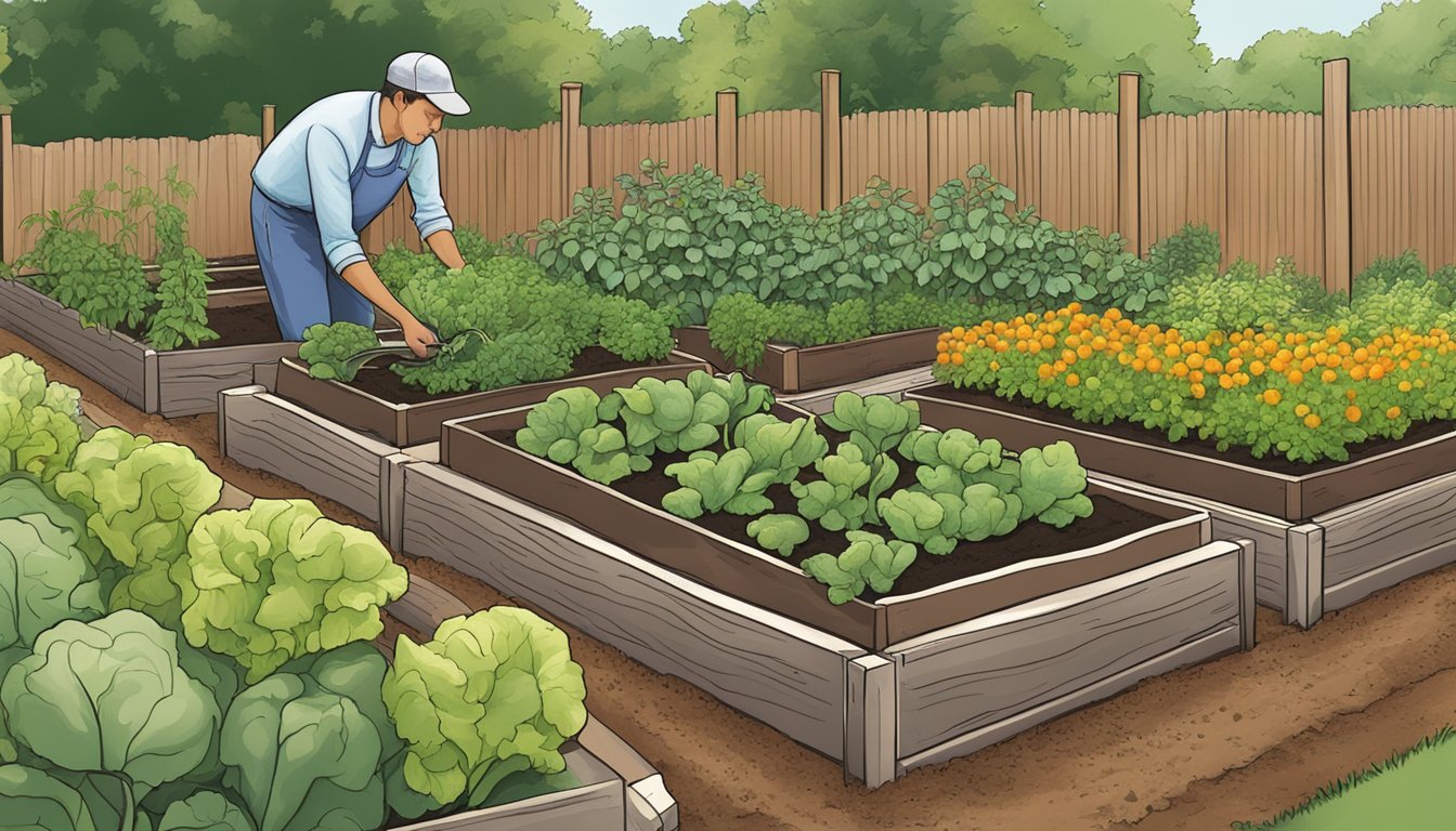 A person tending to a raised bed vegetable garden in New Jersey, using specialized techniques such as companion planting and organic fertilizers