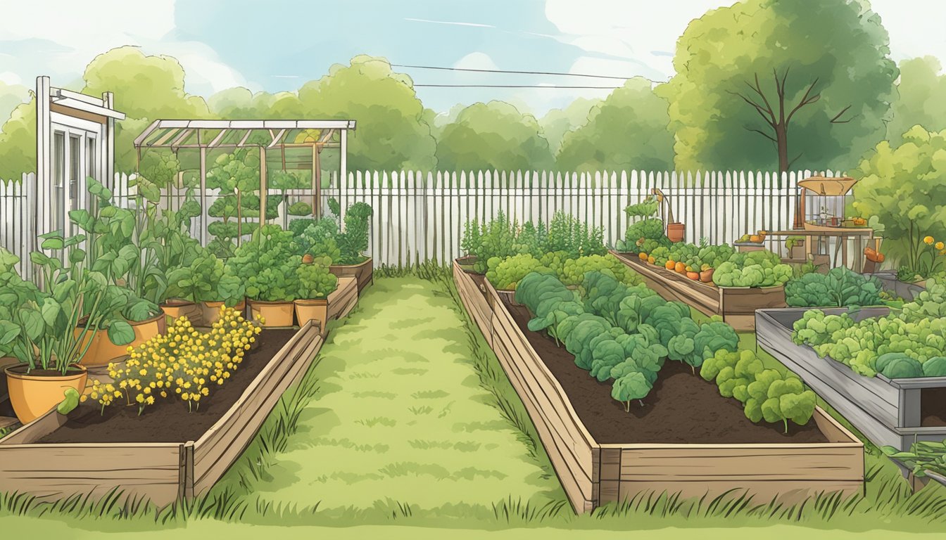 A sunny garden plot in New Jersey, with rows of freshly planted vegetables and a gardener's tools nearby