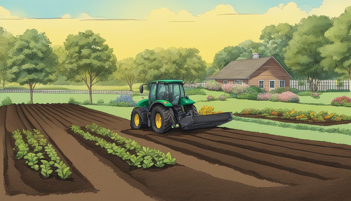 Rich, dark soil being tilled and amended with compost in a sunny Mississippi garden plot