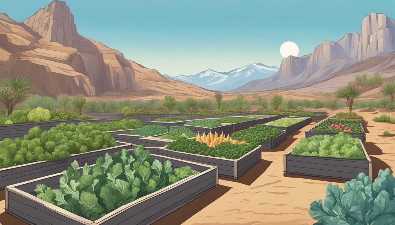 A desert landscape with raised garden beds filled with leafy greens and root vegetables, surrounded by a backdrop of rocky mountains under a clear blue sky