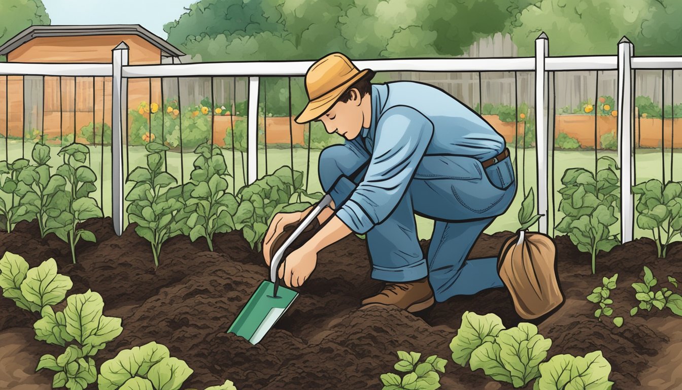 A person using a trowel to plant vegetable seeds in rich, dark soil in a well-tended garden in Mississippi