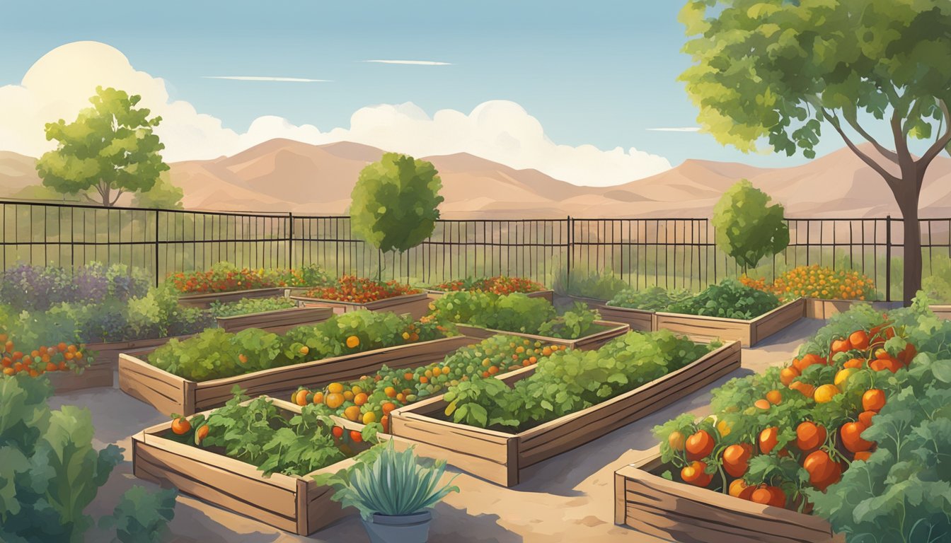 A sunny backyard garden with raised beds filled with tomatoes, peppers, and squash thriving in the dry Nevada heat