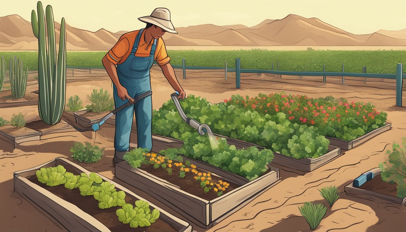 A gardener carefully tending to raised beds of vegetables in a desert landscape, surrounded by drought-resistant plants and utilizing drip irrigation