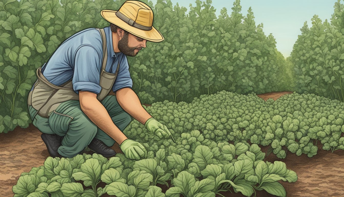 A gardener inspecting vegetable plants for pests and disease in a Mississippi garden