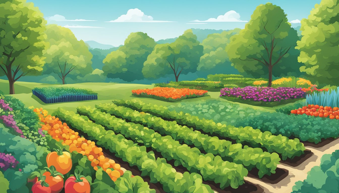 A lush Kentucky garden with rows of vibrant vegetables under a sunny blue sky