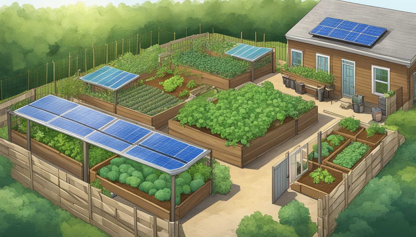 A lush vegetable garden in Mississippi, surrounded by compost bins and rain barrels, with a solar panel providing energy for future planning