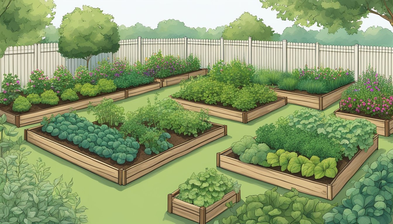 A lush Kentucky garden with neatly organized raised beds, trellises, and pathways, showcasing a variety of thriving vegetables and herbs