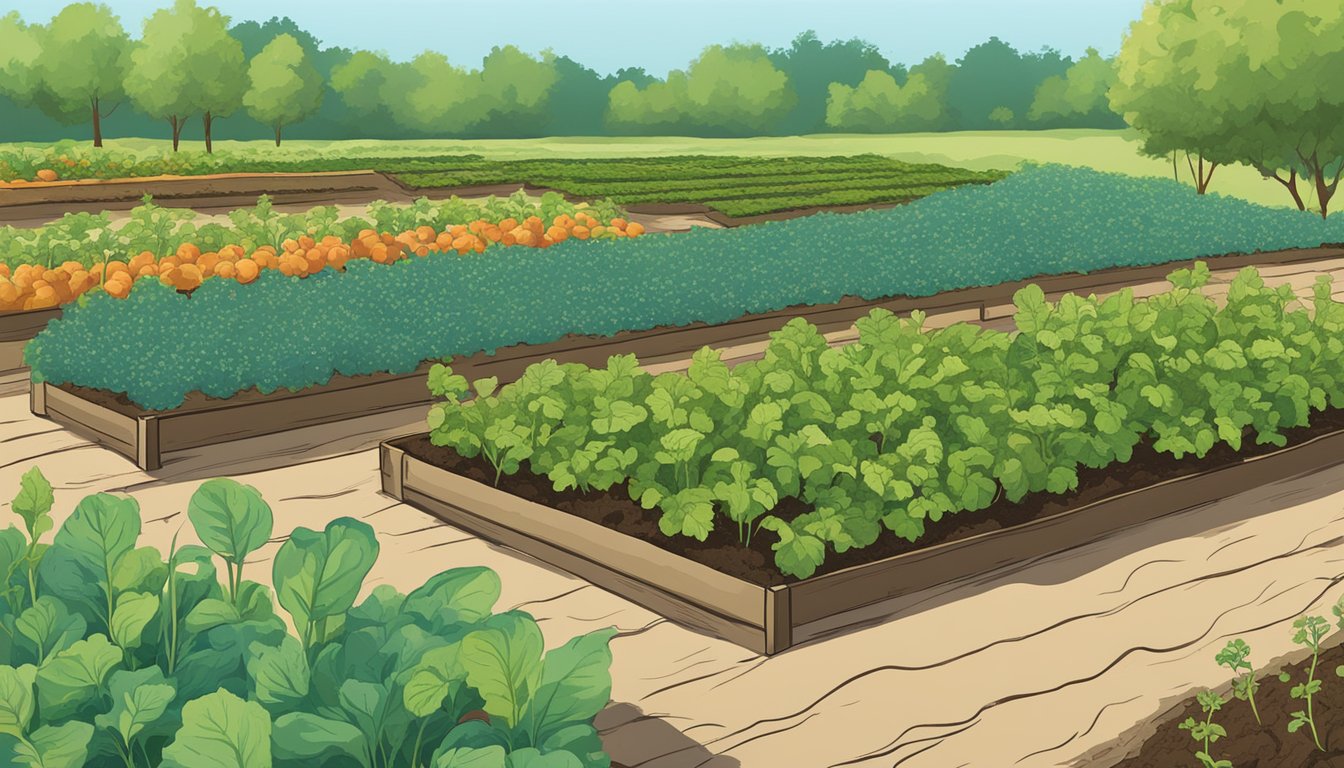 A garden in Arkansas with rows of thriving vegetable plants, surrounded by fertile soil and mulch, under a clear blue sky