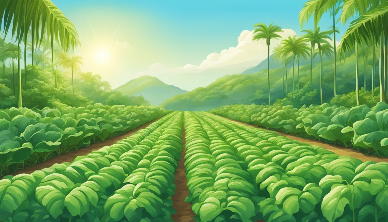 Lush green garden with rows of thriving vegetable plants under the warm Hawaiian sun, surrounded by tropical foliage and a clear blue sky