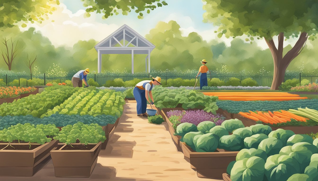 A sunny Alabama garden with rows of flourishing vegetable plants being tended to by a gardener