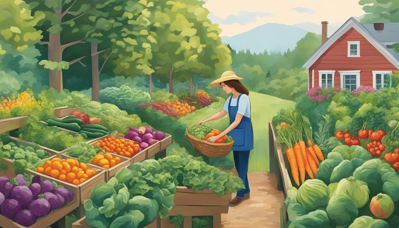 A person selecting various vegetables from a garden in Maine, surrounded by lush greenery and colorful produce