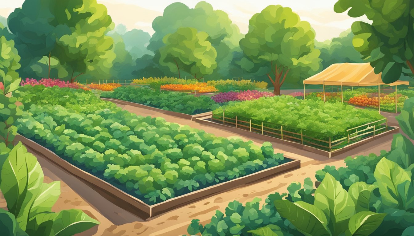 A lush, thriving vegetable garden in Alabama, with rows of vibrant green plants and colorful produce, surrounded by fertile soil and warm sunlight