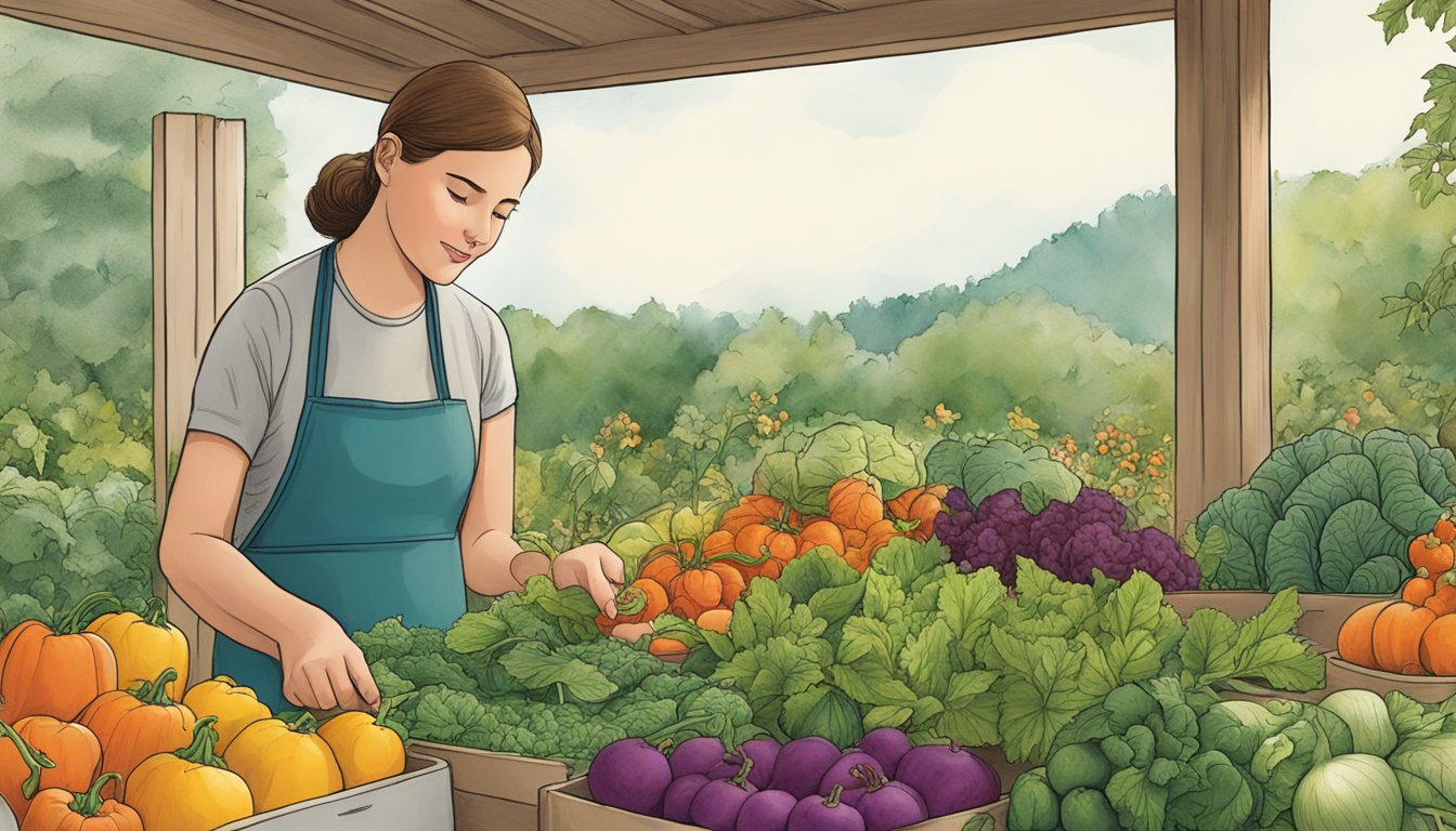 A person selecting vegetables from a variety of plants in a New Hampshire garden