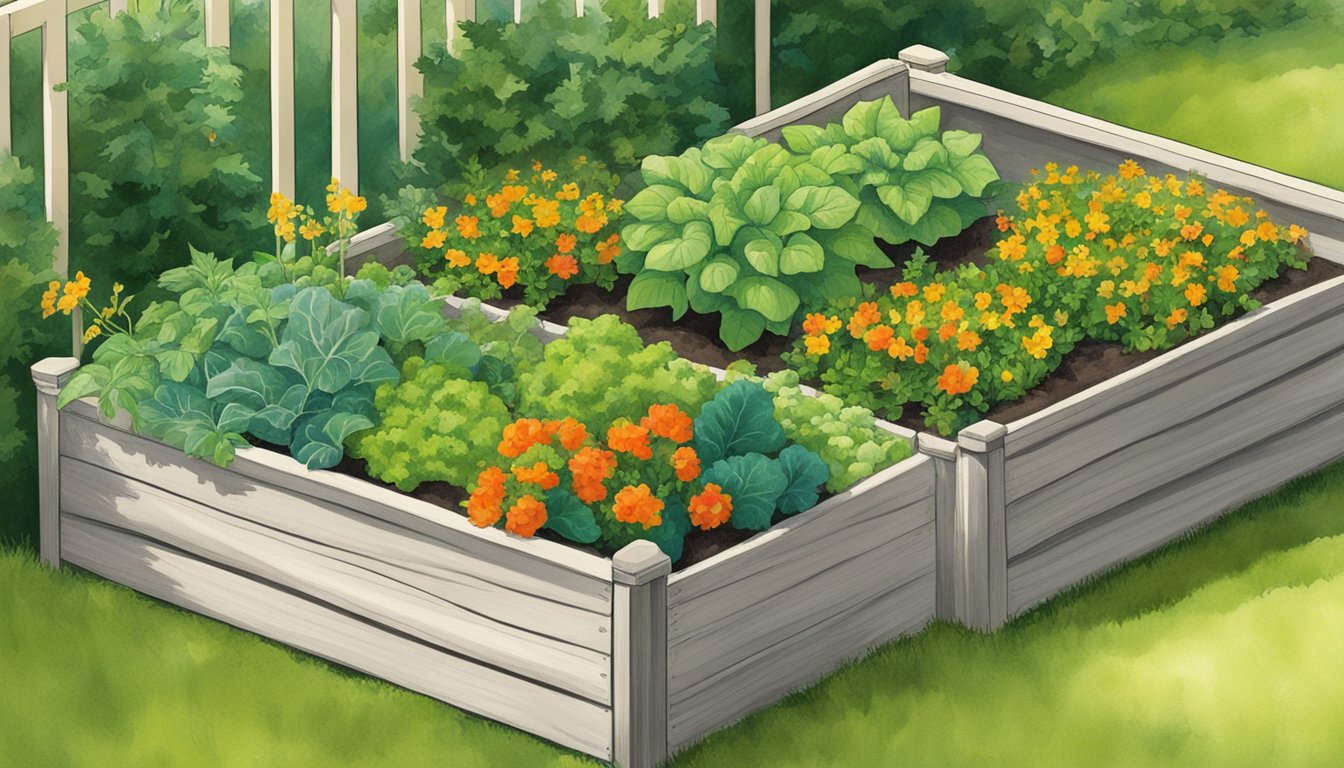 A raised bed and container garden in Maine, filled with vibrant vegetables and surrounded by lush green foliage