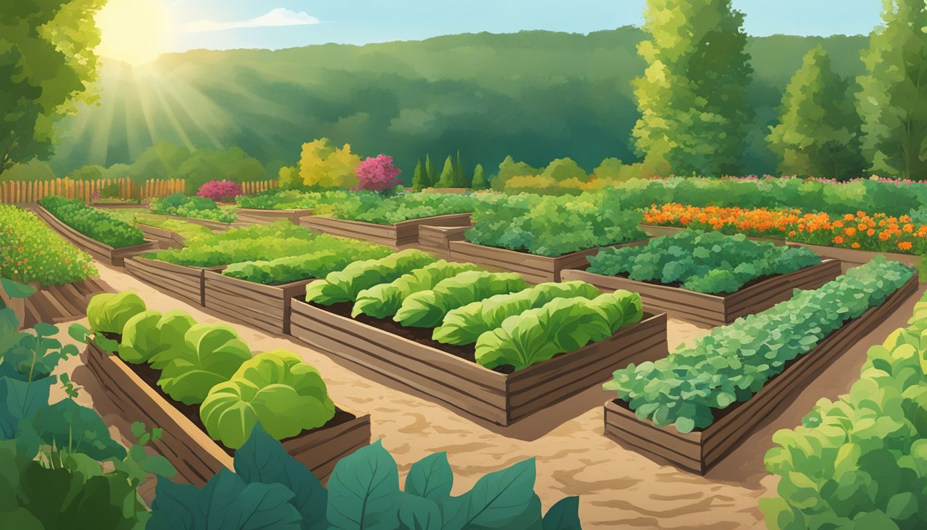 A lush vegetable garden in New Hampshire, with rows of thriving plants, rich soil, and the sun casting a warm glow over the greenery