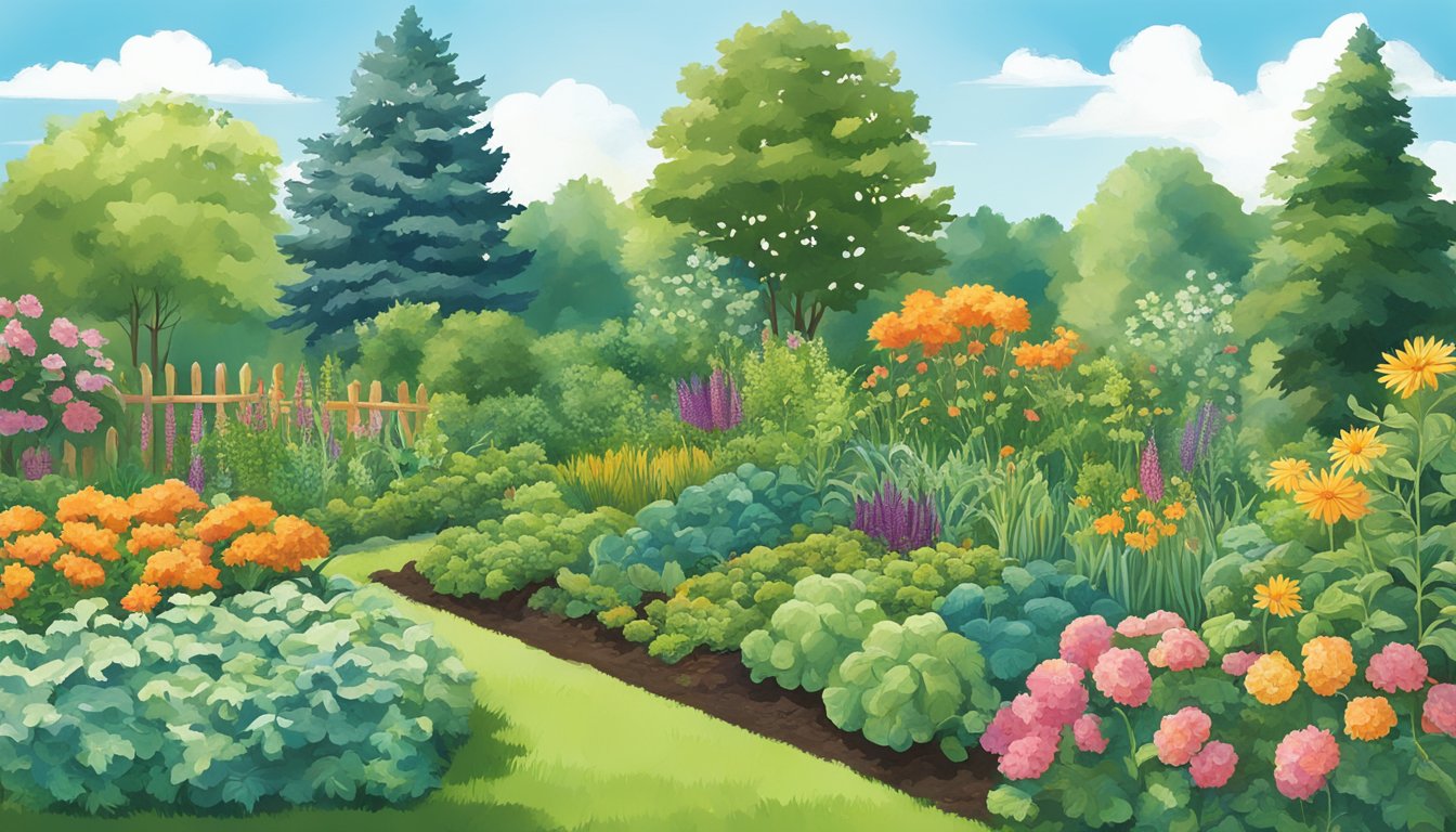 A garden in New Hampshire with healthy, thriving vegetables and plants, free from pests and disease, under a clear blue sky