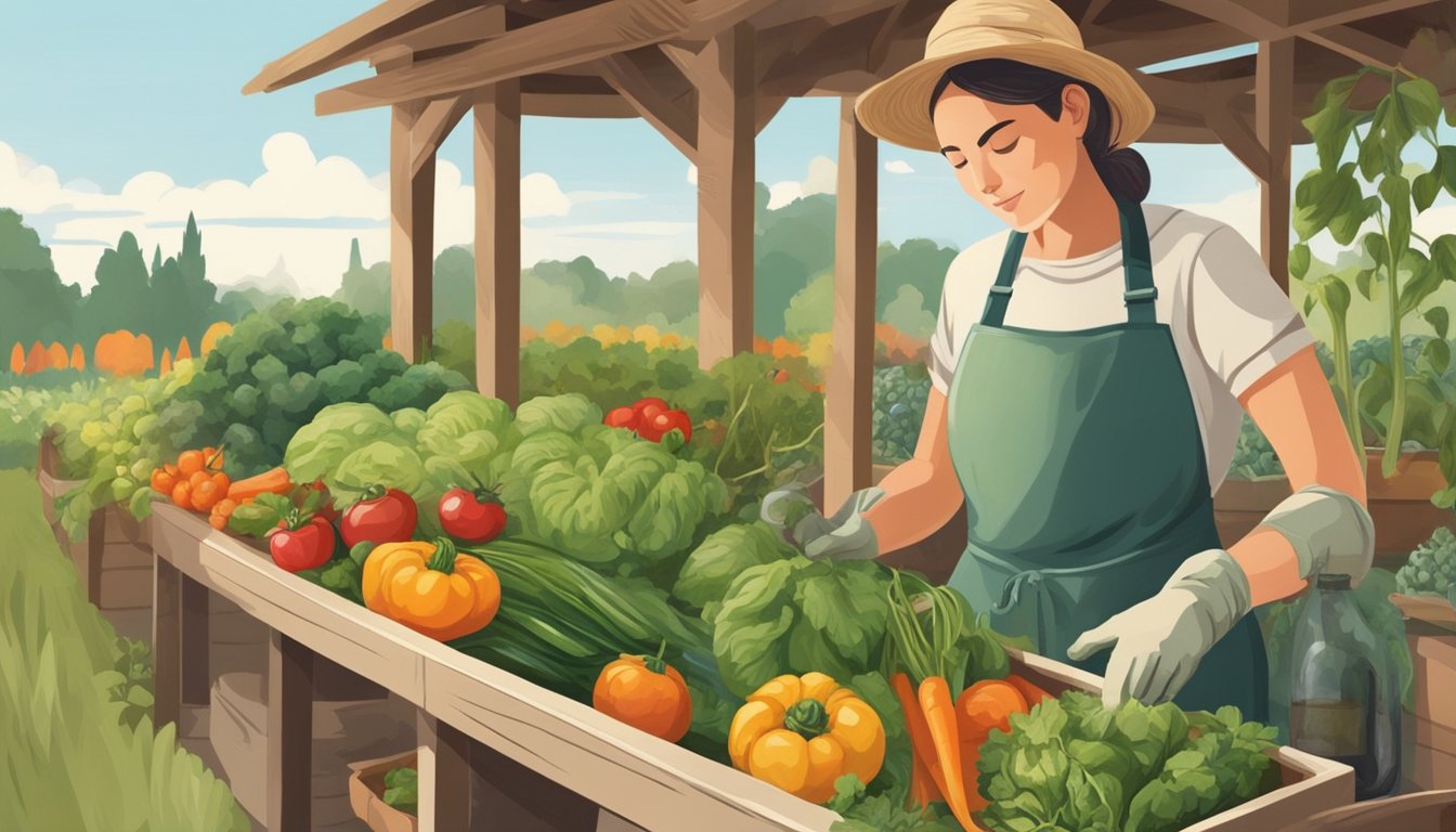 A gardener carefully picks ripe vegetables from the garden, while others are seen preserving the harvest through canning and drying techniques