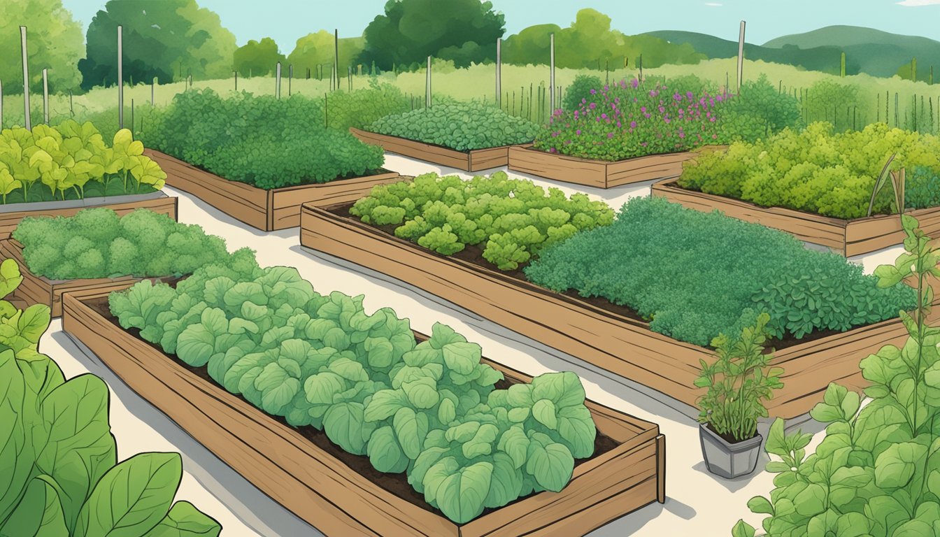 Lush vegetable garden in Maine, with rows of herbs and beneficial plants thriving under the sun