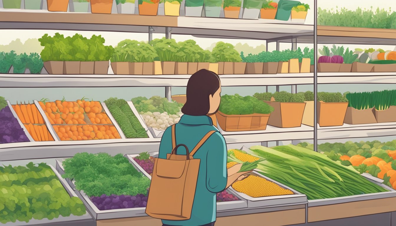 A person selecting seeds from a variety of vegetable packets in a garden center, surrounded by shelves of gardening supplies