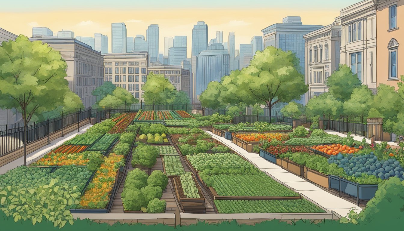 A lush garden in the District of Columbia, with rows of thriving vegetables under a clear blue sky, surrounded by tall buildings and city streets