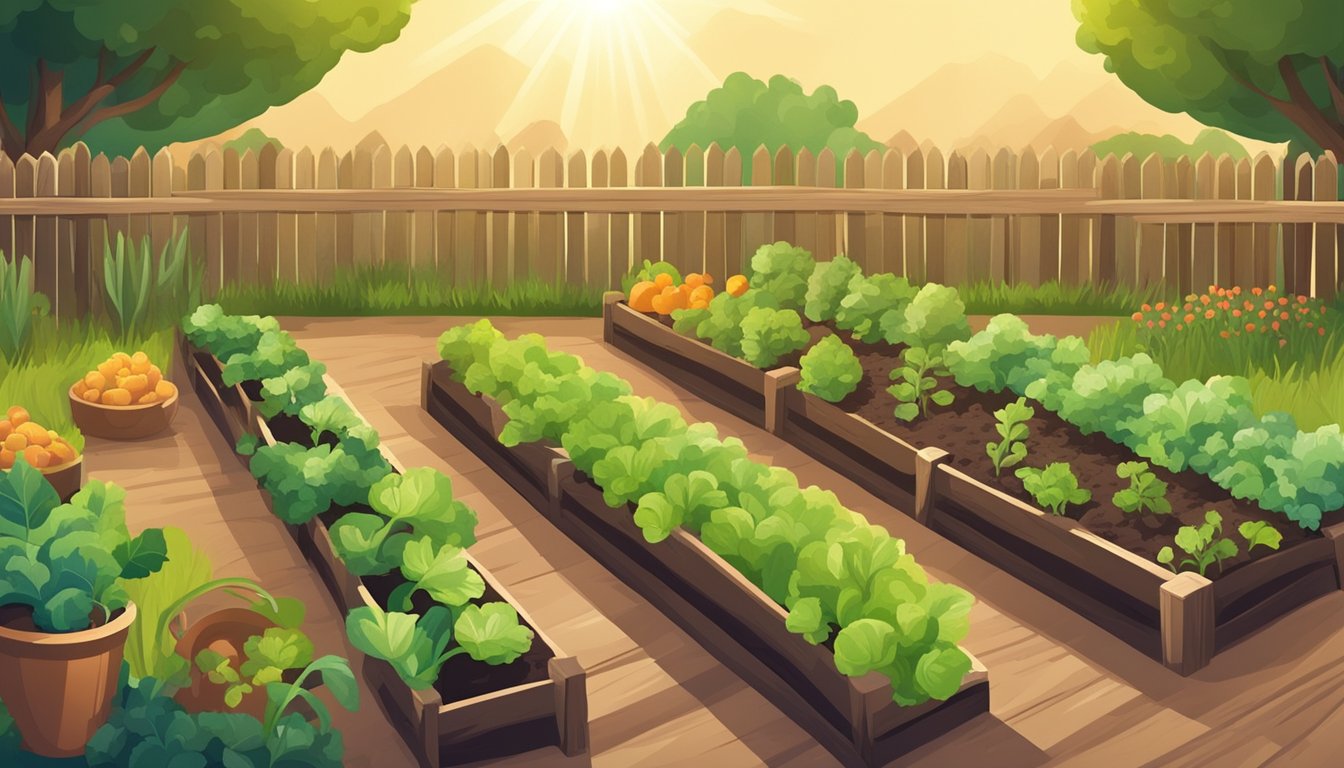 Lush garden with various vegetables growing in neat rows, surrounded by a wooden fence. The sun is shining, and the soil looks rich and well-tended