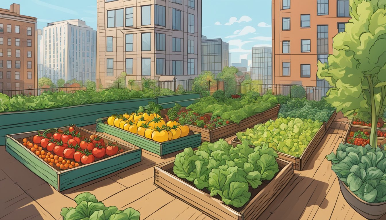 A sunny urban garden in DC, with raised beds of colorful vegetables like tomatoes, peppers, and lettuce. A cityscape looms in the background