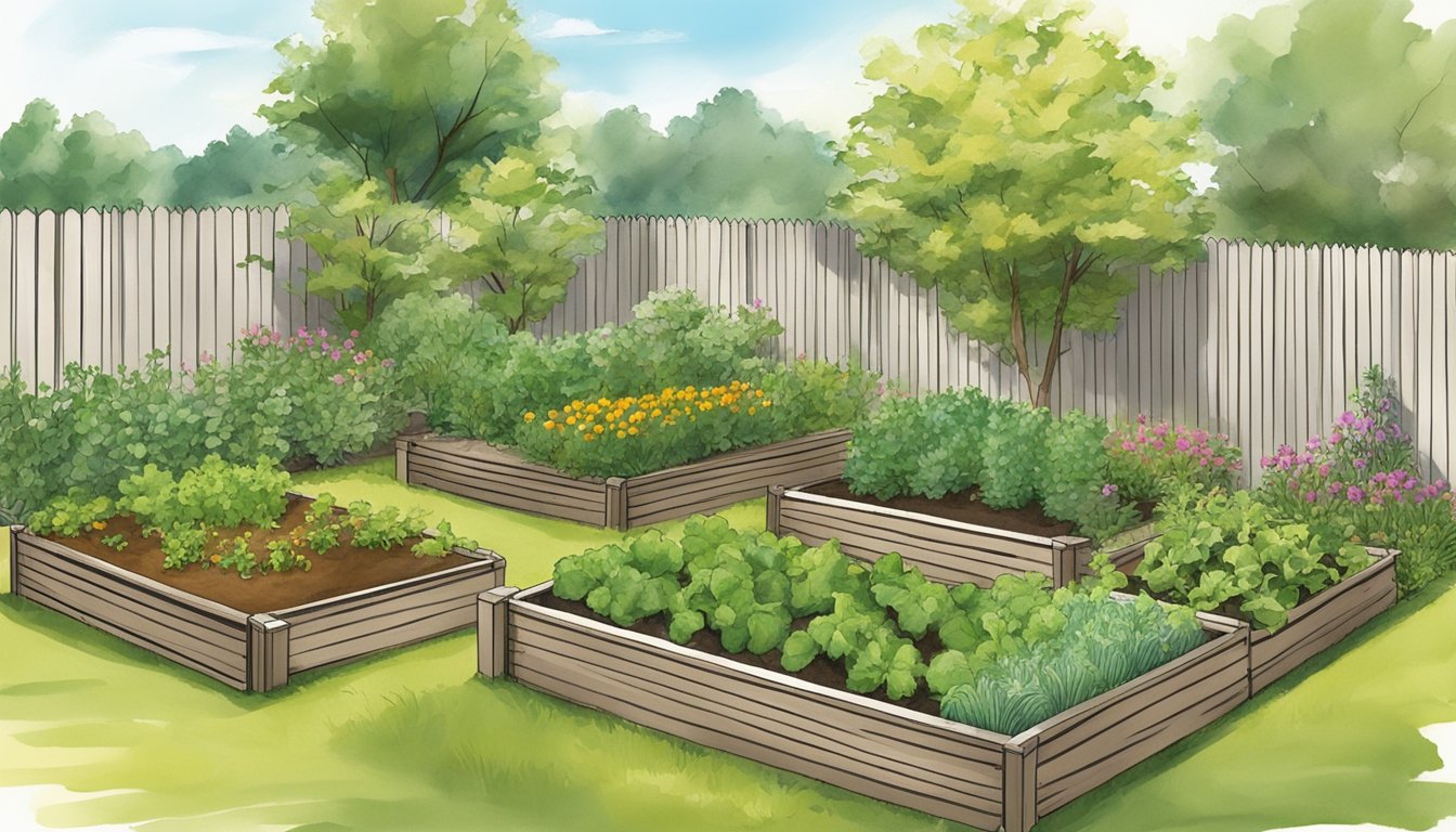 A sunny Kansas backyard with raised garden beds filled with thriving vegetable plants, surrounded by a fence to protect from wildlife