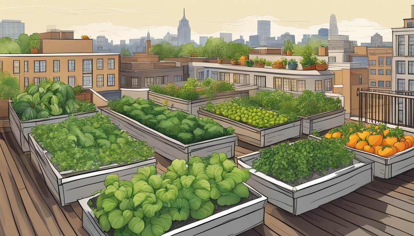 A rooftop garden in Washington, D.C. with raised beds, trellises, and containers filled with various vegetables. City skyline in the background