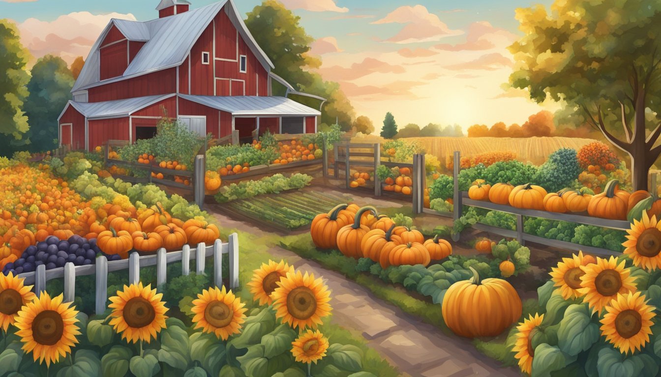 Lush garden with ripe vegetables, pumpkins, and sunflowers in a Michigan farm after the harvest