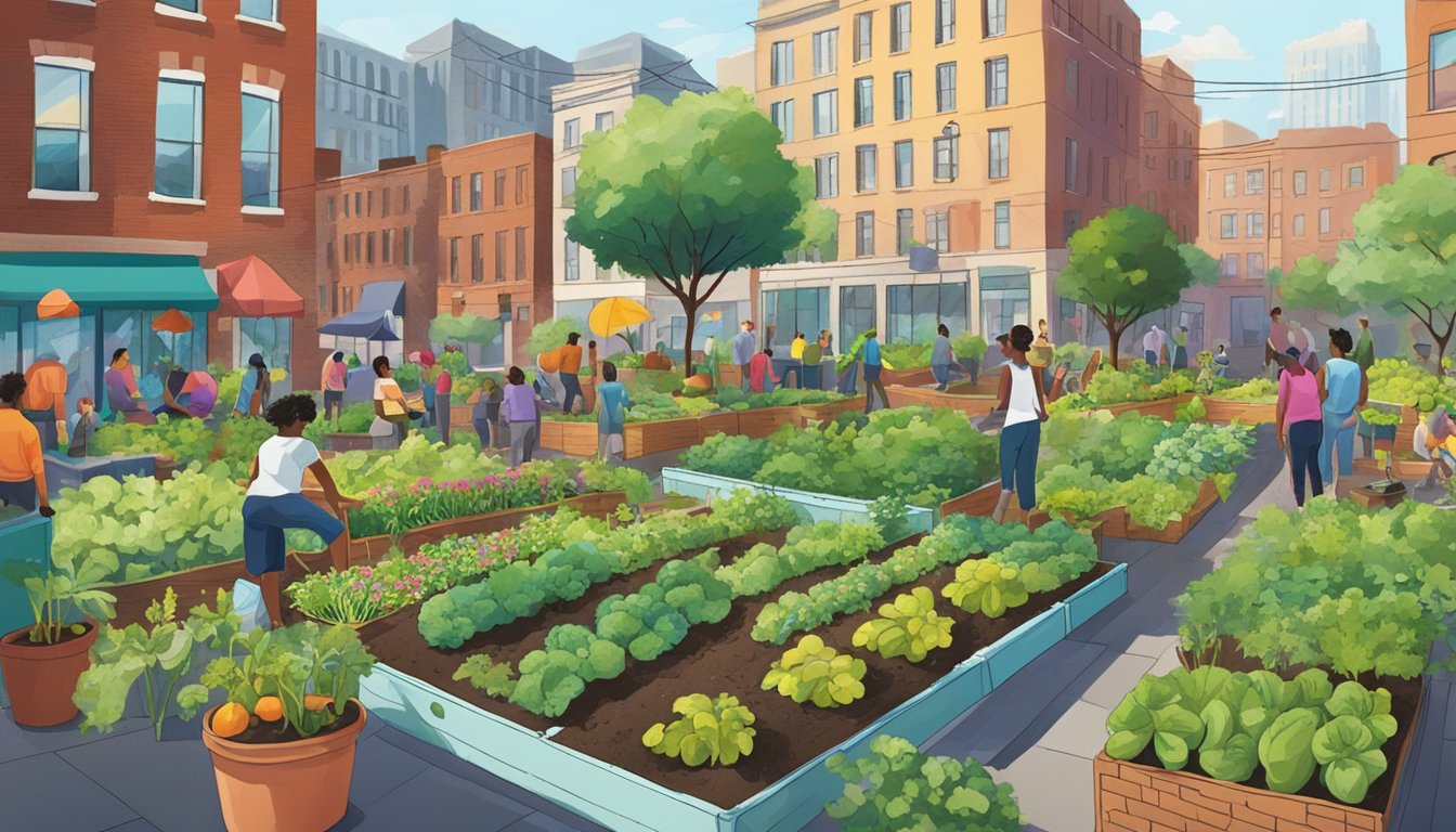 A group of people tend to a vibrant vegetable garden in the heart of the District of Columbia, surrounded by urban buildings and bustling city life