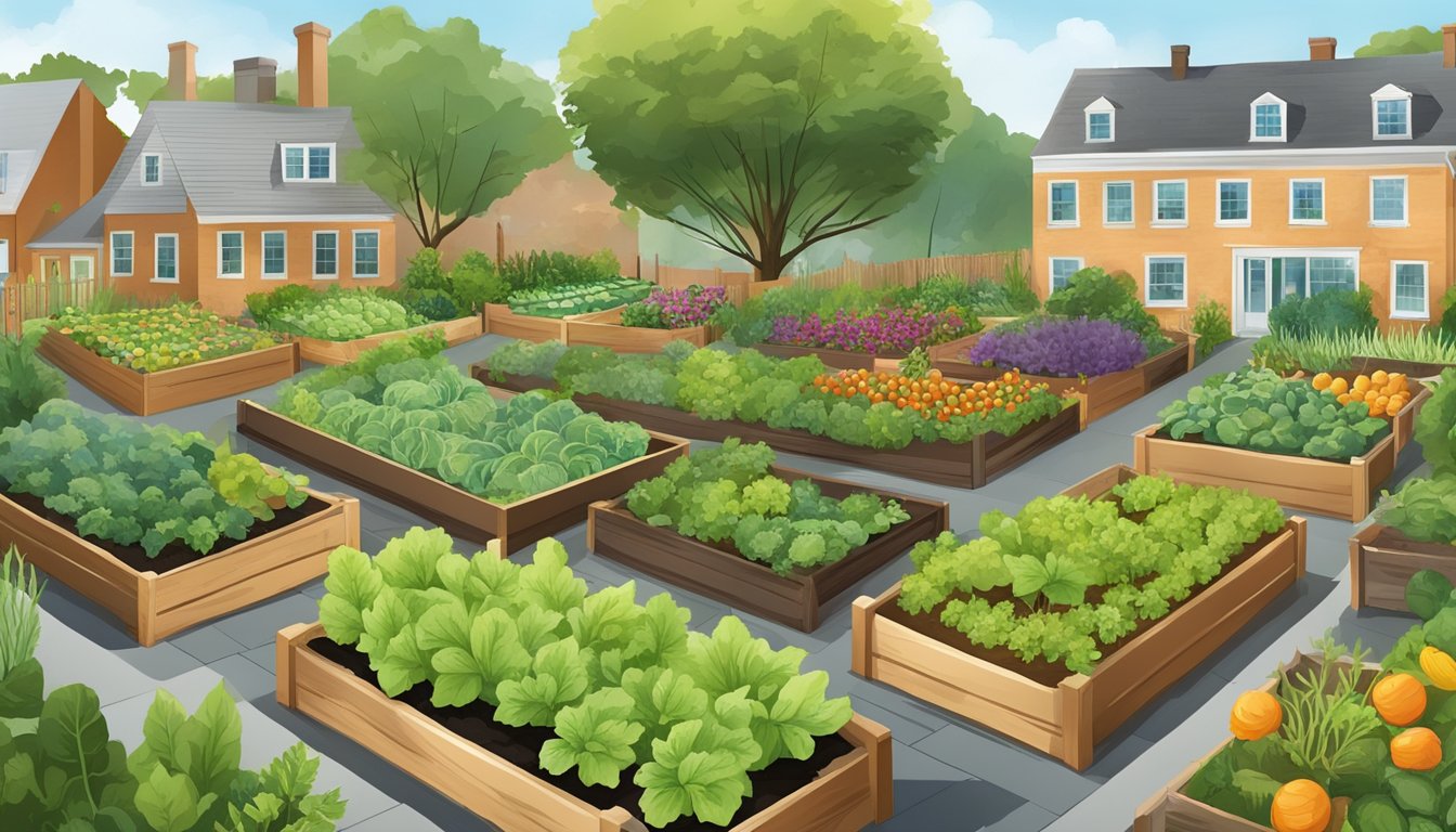 A sunny garden with raised beds and a variety of vegetables growing, surrounded by informational signs and resources for gardening in the District of Columbia