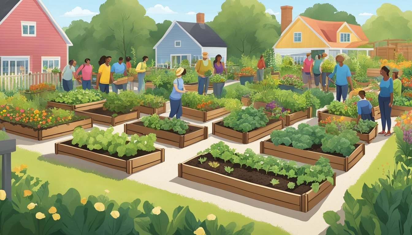 A group of raised garden beds filled with flourishing vegetables, surrounded by a diverse community of gardeners in a sunny Michigan setting