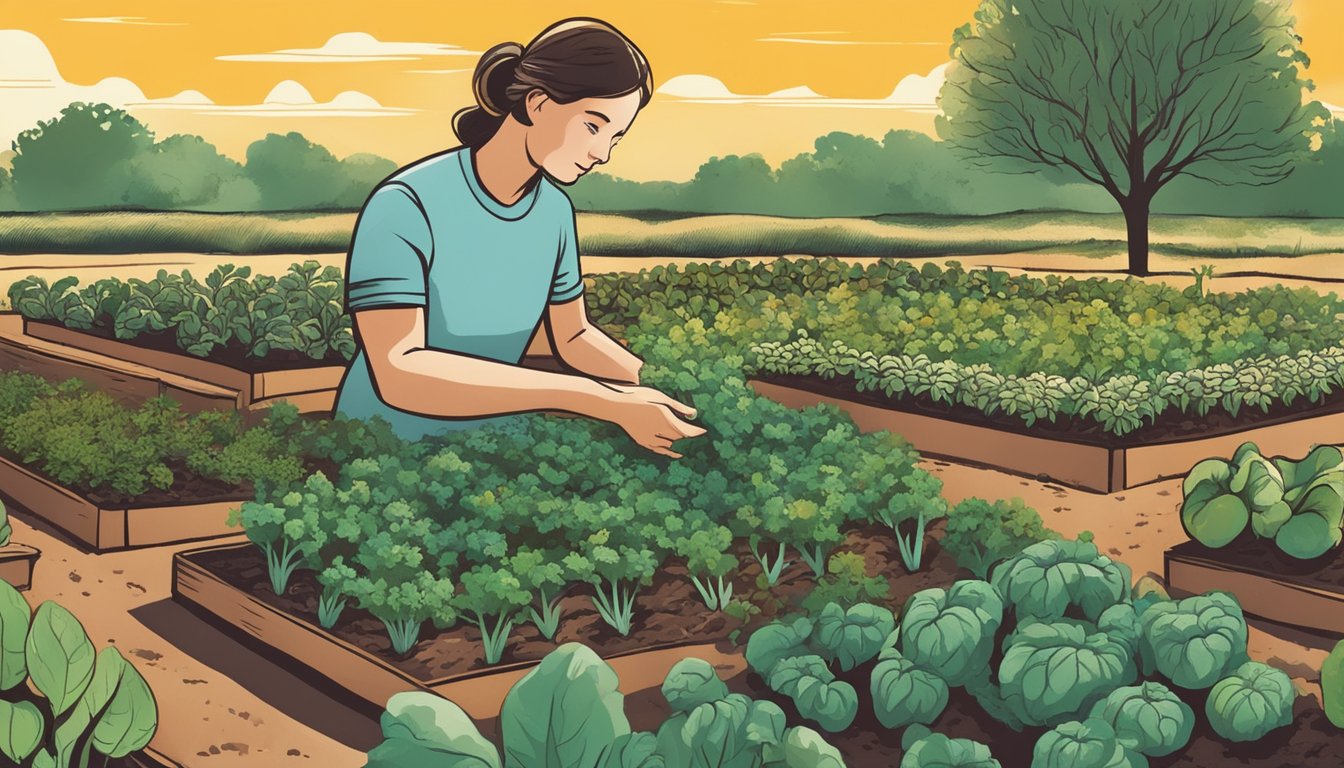 A person in a garden, picking out vegetables to grow in Kansas. The sun is shining, and the soil looks fertile