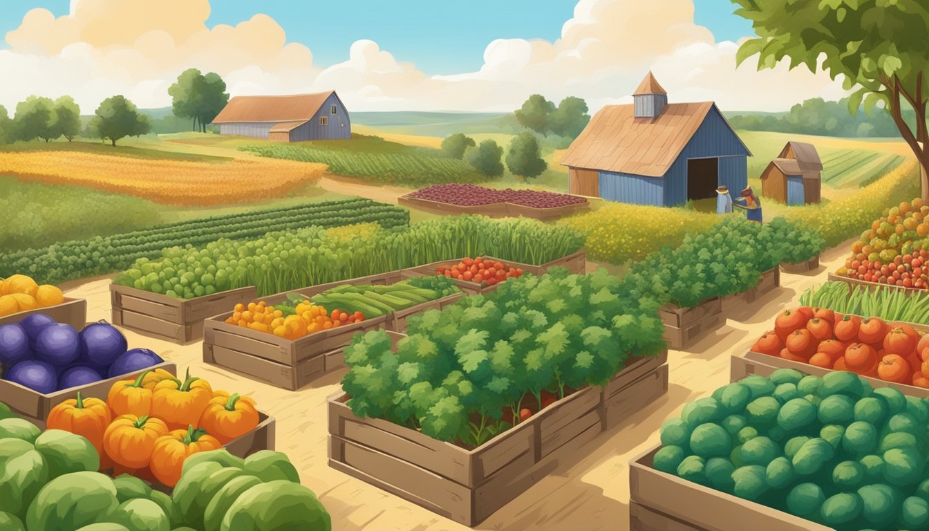 A bountiful garden with ripe vegetables being harvested and stored in baskets and crates, set against the backdrop of the Kansas countryside