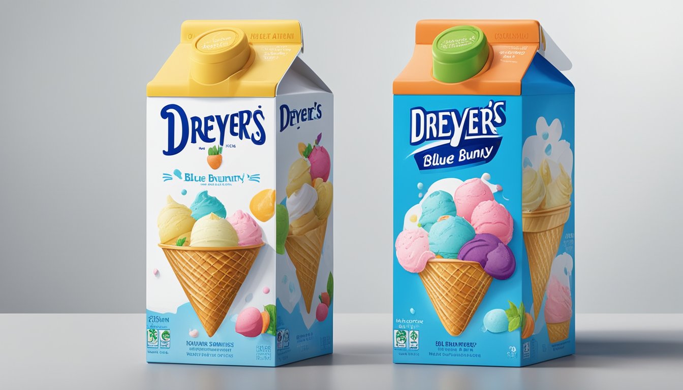 Two ice cream cartons stand side by side on a white countertop, one labeled "Blue Bunny" and the other "Dreyer's." The vibrant packaging contrasts with the clean background