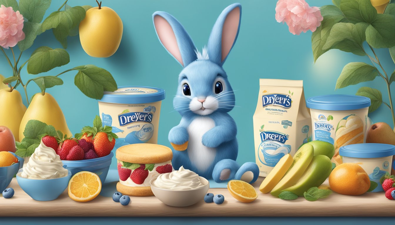 A blue bunny and Dreyer's ice cream containers surrounded by fresh, high-quality ingredients like milk, cream, and fruit