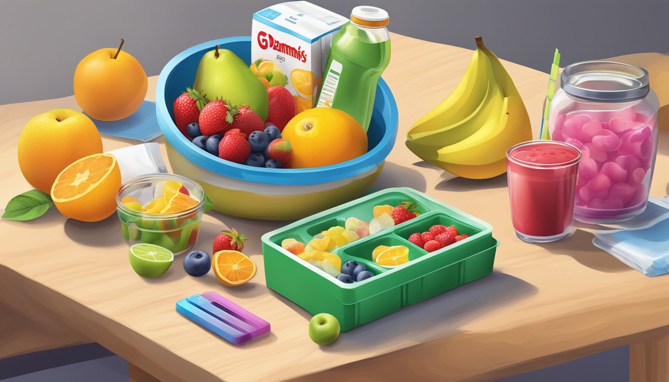 A table with two open containers of go-gurt and danimals, surrounded by various fruits and a measuring scale