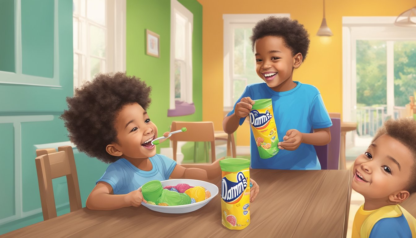 A child happily eating go-gurt while another child enjoys danimals, both with smiles on their faces