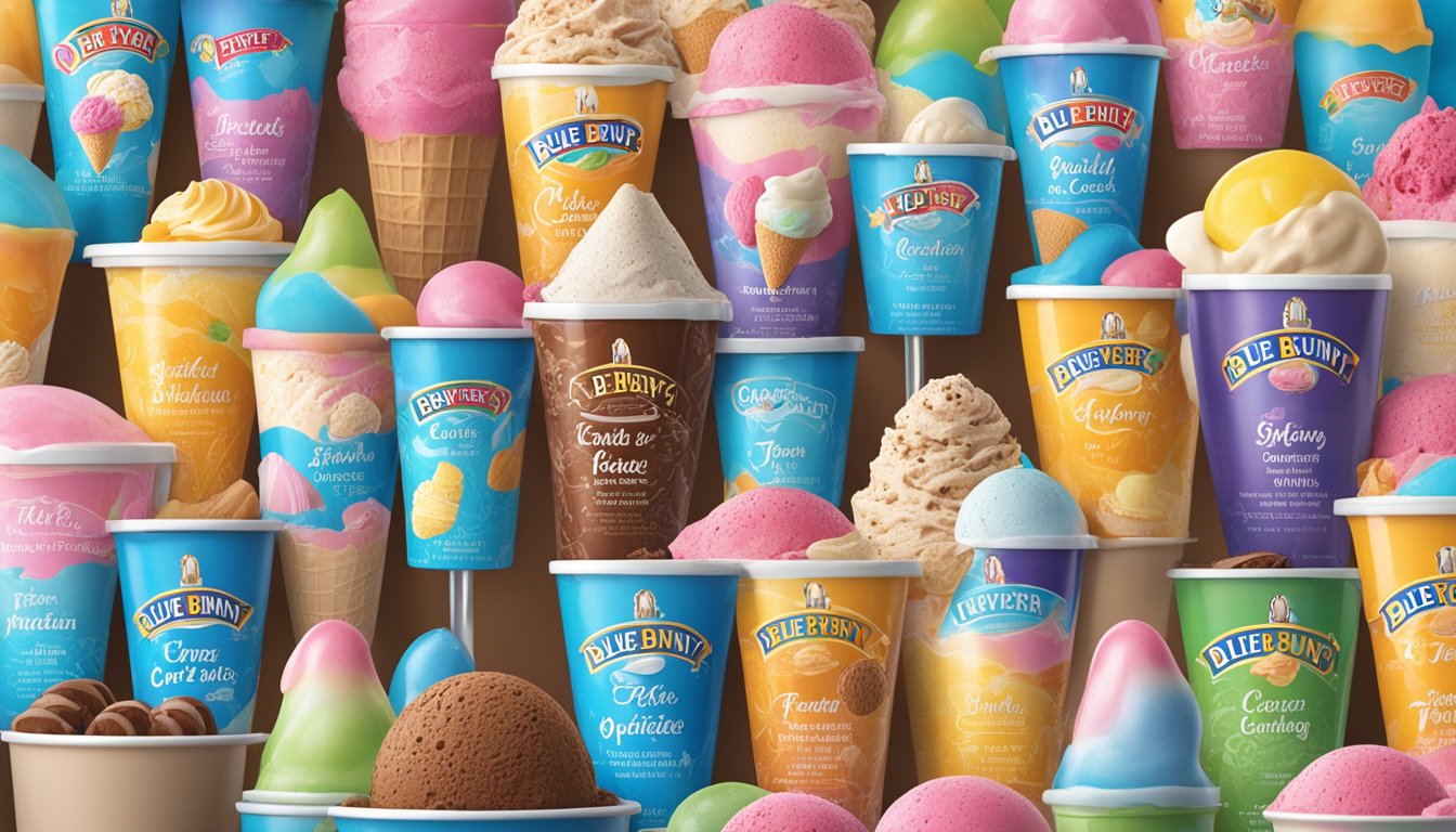 A colorful display of various ice cream flavors and packaging from Blue Bunny and Dreyer's, showcasing their popular flavors and innovative products