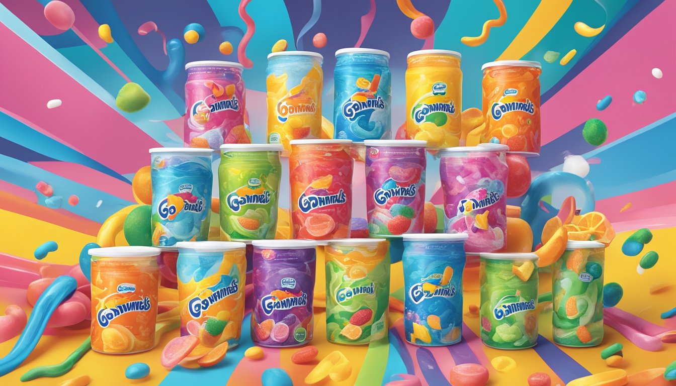 A colorful array of go-gurt and danimals, arranged in a playful and inviting manner, surrounded by vibrant packaging and swirling patterns